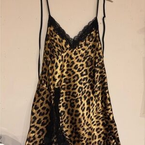Leopard Print Satin Slip Dress with Lace Trim